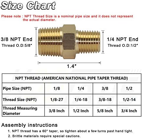 KOOTANS 3/8 NPT x 1/4 NPT Male Solid Brass Hex Nipples,4 PACK