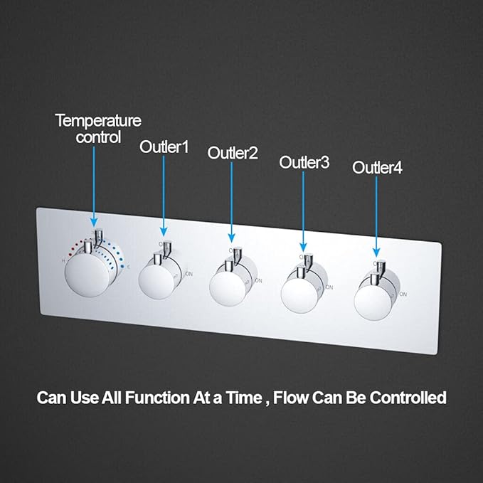 AYIVG Thermostatic 4-Function 4-Outlet Solid Brass Mixer Shower Valve & Trims in Polished Chrome Can Simultaneous Operation, Flows Can Be Controlled, 5 Round Handles