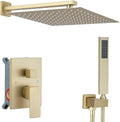 Brushed Gold Shower System 16 Inch Bathroom Luxury Rain Mixer Shower Combo Set Wall Mounted Rainfall Shower Head and Handheld System Shower Faucet Set Rough-in Valve Body and Trim Kit
