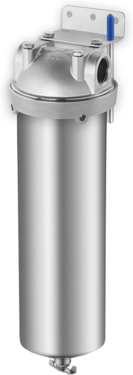 Amwater NSF/ANSI 42 Stainless Steel Whole House Water Filter Housing, 10" x 2.5" Sediment Water Filter System for Heavy Duty, Well & City Water, 1/2" NPT Port, Drain Valve Style A