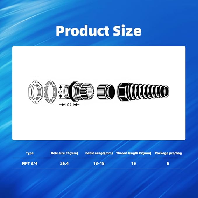 Strain Relief Cord Connector, CGELE 5 Pack NPT 3/4" Waterproof Cable Gland Cord Grip Spiral Adjustable Connector Strain Relief Cord Connectors Joints Nylon with Gaskets