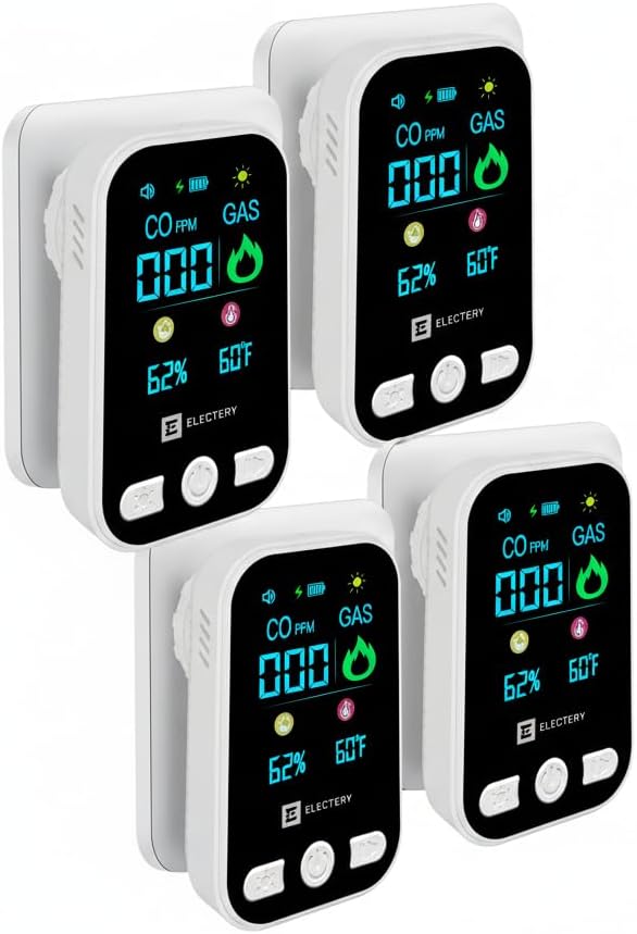 4‑in‑1 Upgraded Natural Gas Leak Detector & Carbon Monoxide Detectors Plug‑in with Dual Sensor, LCD Display Alarms, Temperature & Humidity Monitor for Home & RV (4 Pack)