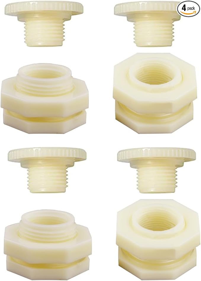1" Female ABS Bulkhead Fitting, Plastic Water Tank Connector Adapter Fitting with Plugs for Outdoor rain Barrel Garden Hose Adapter Spigot kit Water Tank Gallon Drain Bucket(Set of 4)
