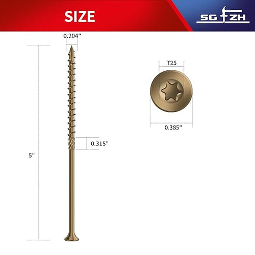 #10 x 5 Inch Deck Screws (36Pcs) 1lb. Carbon Steel, Yellow, Flat Head, Rust Resistant epoxy Coated, with T25 Star Bit