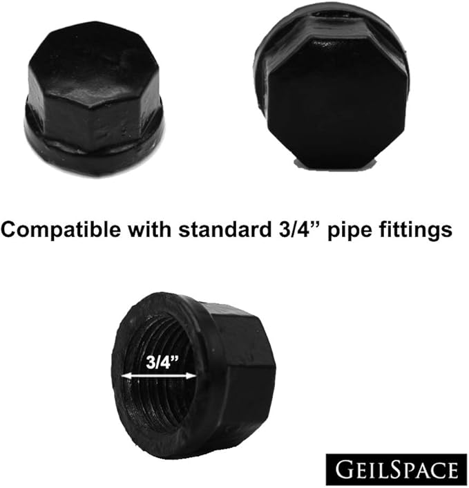 GeilSpace Cap, Malleable Iron Pipe Fittings - Vintage DIY Industrial Shelving, Industrial Decor, Furniture DIY (3/4", Black)