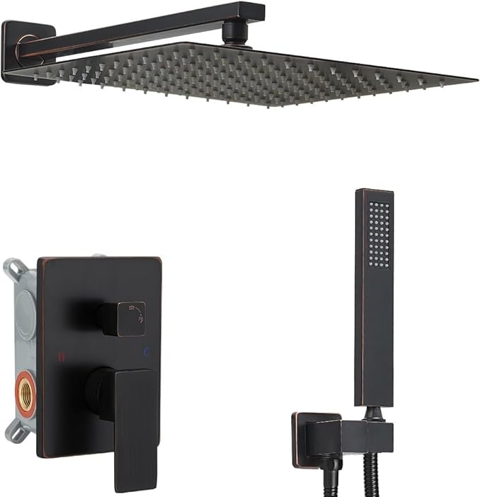 Oil Rubbed Bronze Shower System 16 Inch Bathroom Rain Mixer Shower Combo Set Wall Mounted Rainfall Shower Head and Handheld System Shower Faucet Set Rough-in Valve Body and Trim Kit