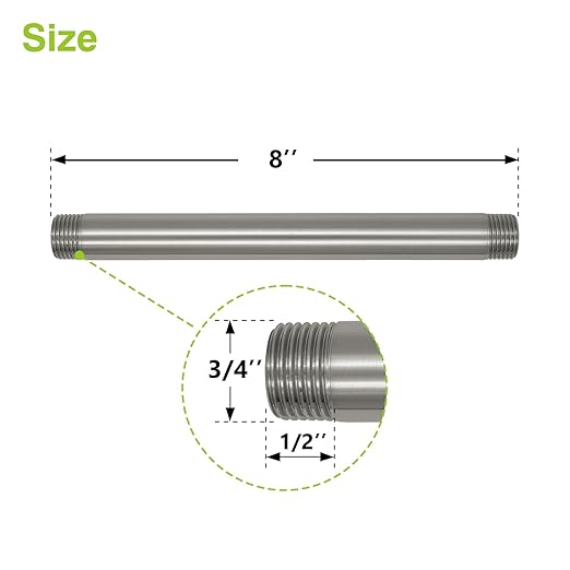 Naiture Brass Heavy Duty 1/2 NPT Connection Threaded Pipe Fitting Nipple, 8" Long, Brushed Nickel Finish