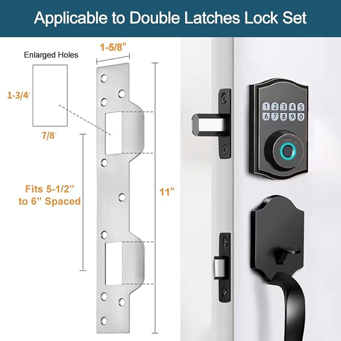 Door Latch Plates Double Holes, Security Door Strike Plates for Exterior Interior Door, Reinforcement Striker Plates for Door Knob and Deadbolt, Heavy Duty (2, Satin Nickel)