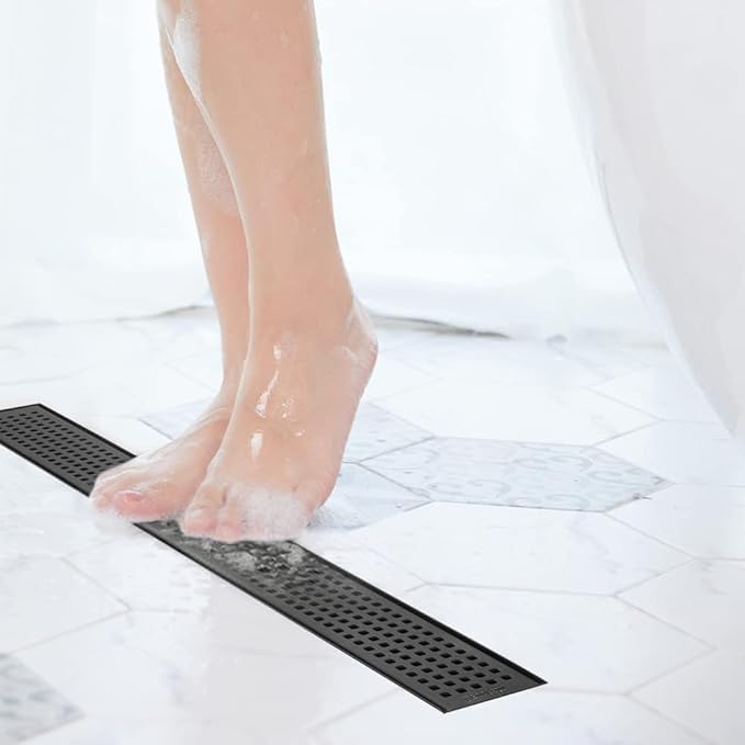 Neodrain 72-Inch Black Linear Shower Drain with Removable Quadrato Pattern Grate,Professional 304 Stainless Steel Rectangle Shower Floor Drain Manufacturer,Leveling Feet,Hair Strainer,Matte Black