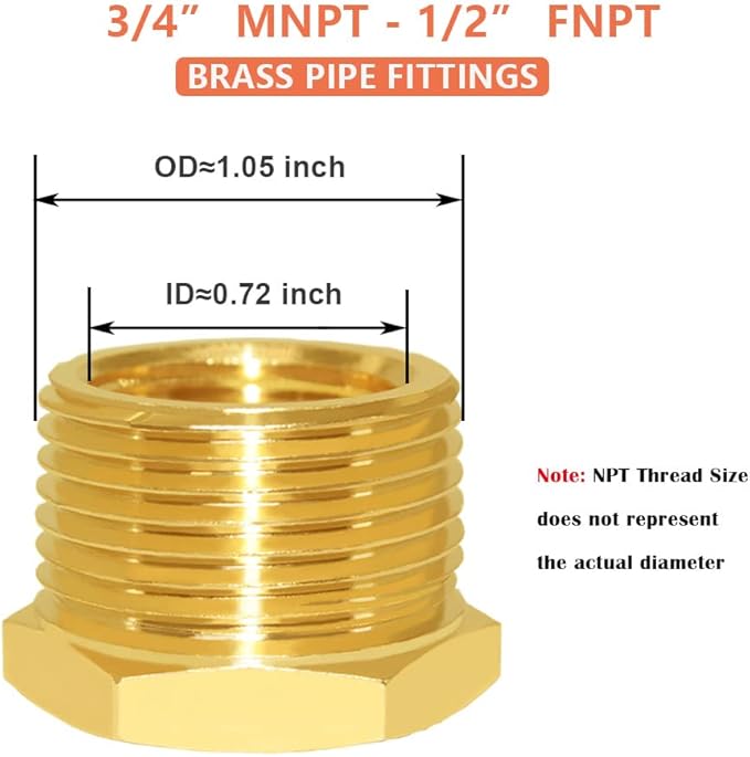 Hooshing 2PCS Brass Reducer Hex Bushing 3/4" NPT Male to 1/2" NPT Female Reducing Pipe Adapter Fittings