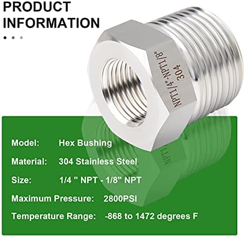 TAISHER 5PCS Forging of 304 Stainless Steel Reducer Hex Bushing, 1/4" Male NPT to 1/8" Female NPT, Reducing Forging Pipe Adapter Fitting