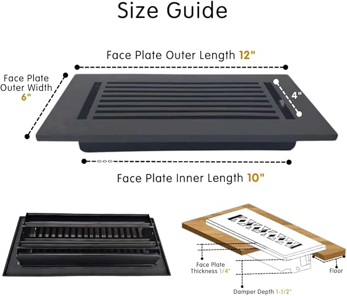 Prima Decorative Floor Register 4x10 – Cast Aluminum Heavy-Duty Air Vent Cover – Matte Black – Walkable Design with Easy-Adjust Louvers – 6x12 Faceplate, 5mm Thick – No Screw Holes