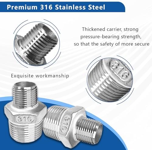 2-Pack 316 Stainless Steel Reducing Hex Nipple, 1/2" NPT Male x 3/8" NPT Male Pipe Fitting Adapter - Corrosion Resistant Reducer Connector for Plumbing, Hydraulic Systems (1/2" to 3/8")