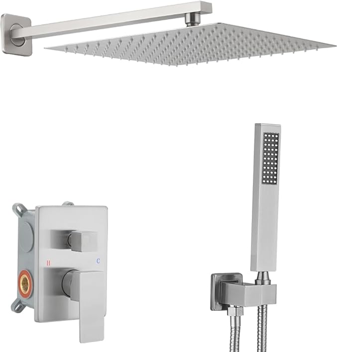 Brushed Nickel Shower System 12 Inch Bathroom Luxury Rain Mixer Shower Combo Set Wall Mounted Rainfall Shower Head and Handheld System Shower Faucet Set Rough-in Valve Body and Trim Kit
