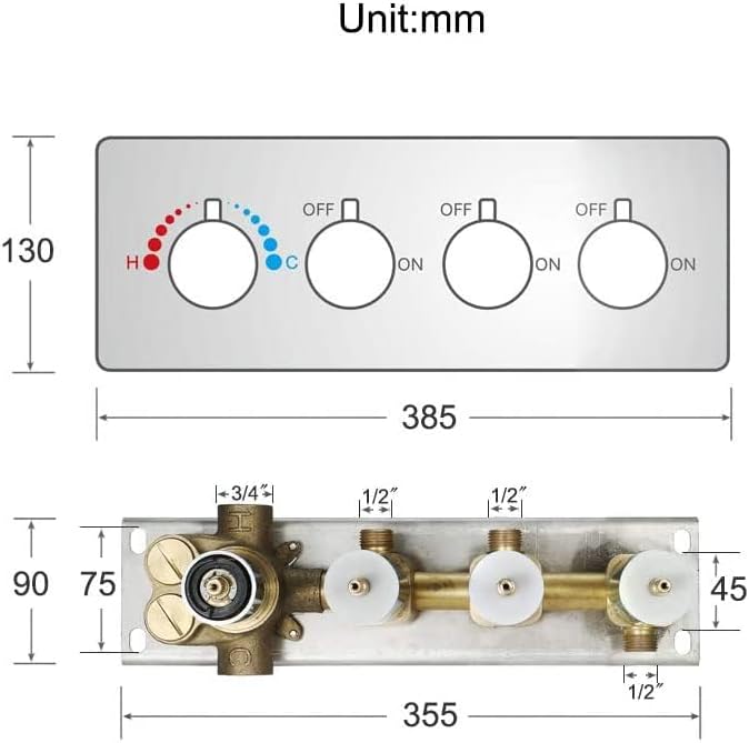 Thermostatic Shower Valve Concealed Mount, Pressure Balancing Brass Shower Mixing Valve Water Flow Can Control, Brushed Gold