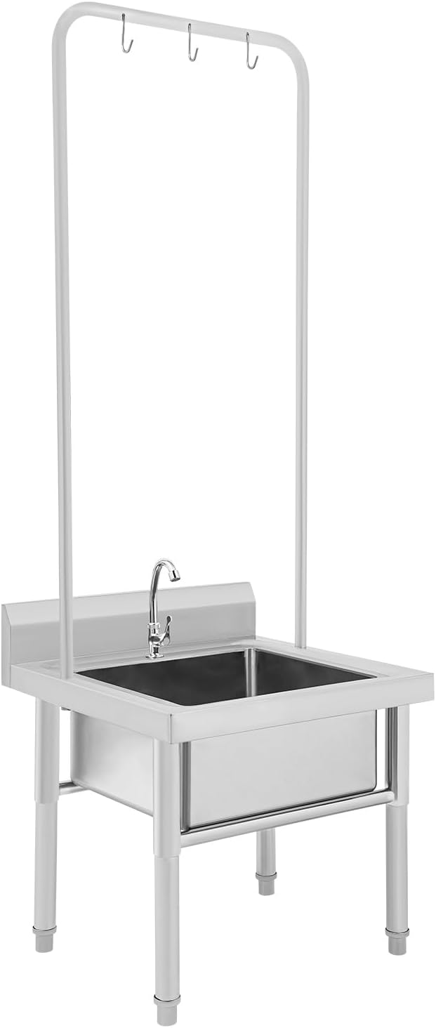 Stainless Steel Floor Mop Sink with Hanging Rod & Hooks Mop Commercial Mop Sink with Faucet & Drain Filter for Restaurant, Garages, 23.6x23.6x68.9in