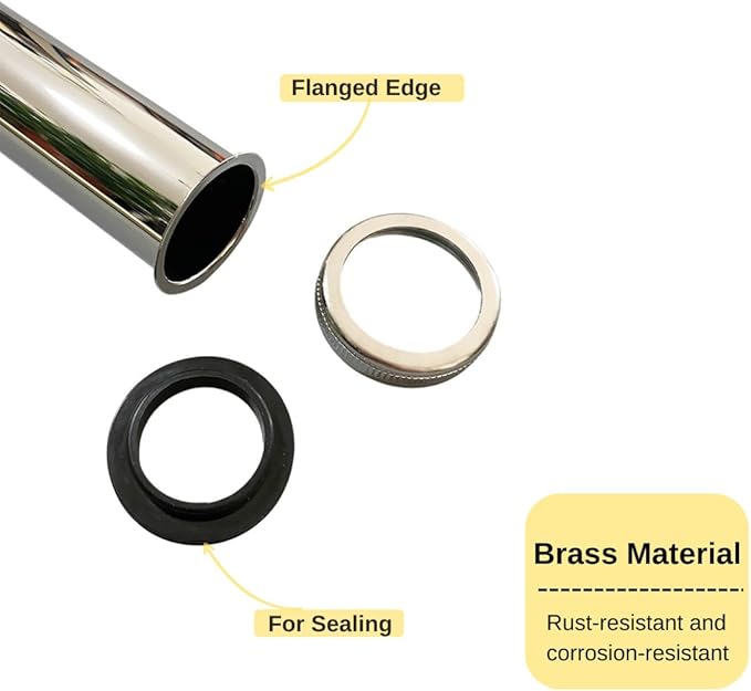 Brass Slip Joint Extension Tube, 1-1/4 in. OD, 12 inch P Trap Extension Pipe with Nut and Rubber Washer,Flanged Sink Tailpiece