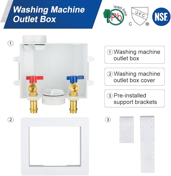 EFIELD Washing Machine Outlet Box, 1/2-inch Copper Press Inlet with Center Drain, White,(WM055)