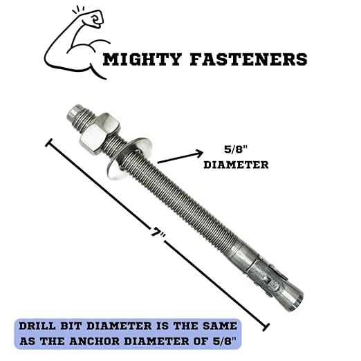 Wedge Anchors – Heavy-Duty 304 Stainless Steel Expansion Bolts for Concrete & Masonry, Rust-Resistant & Durable - 5/8" X 7" - 50 Pack
