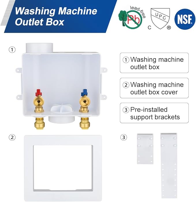 EFIELD Universal Washing Machine Outlet Box,1/2-inch Push-fit Inlet x 3/4 inch MHT Outlet Connection, Center Drain,(WM050)