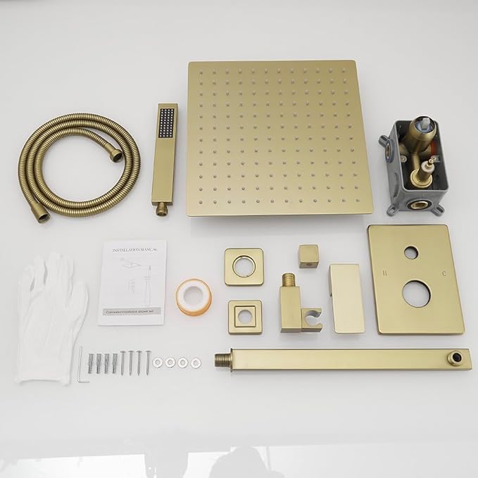 Brushed Gold Shower System 12 Inch Bathroom Luxury Rain Mixer Shower Combo Set Wall Mounted Rainfall Shower Head and Handheld System Shower Faucet Set Rough-in Valve Body and Trim Kit