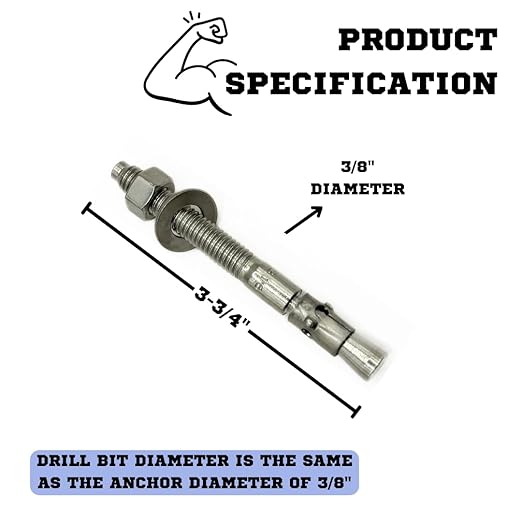 Premium 316 Stainless Steel Wedge Anchor, 3/8"-16 X 3-3/4" – Heavy Duty Corrosion Resistant Fastener for Concrete and Masonry Applications 10 Pack