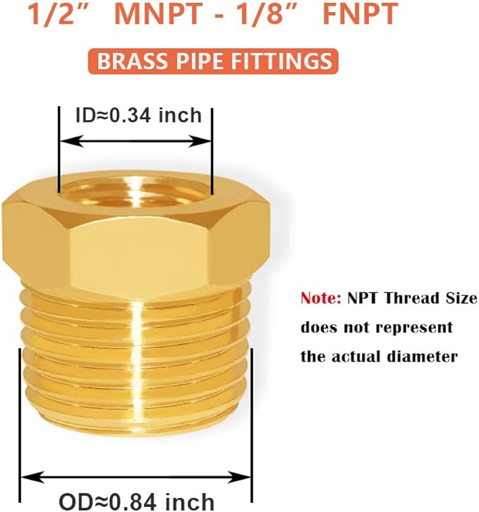Hooshing 6PCS Brass Reducer Hex Bushing 1/2" NPT Male x 1/8" NPT Female Threaded Pipe Fitting Adapter