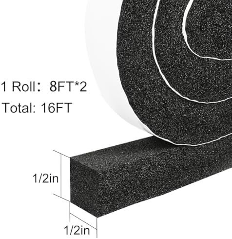 2 Rolls 1/2 Inch W 1/2 T Weather Stripping Air Conditioner Open Cell Foam Seal Tape, Window Insulation High Resilience Seal Strip for Doors Window,Total 16FT