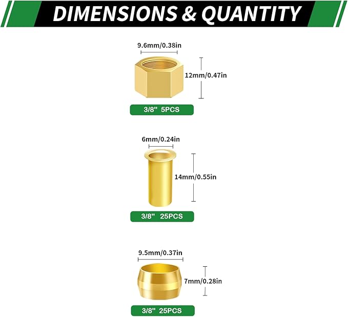 55pcs 3/8" Brass Compression Sleeves Ferrules Inserts Nuts Fittings Assortment Kit, Hose Repair Kit of Air Water Fuel Oil Gas Tube Lines.