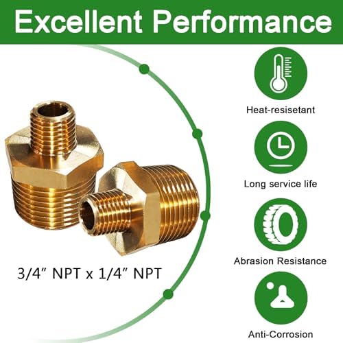 2pcs 3/4" NPT x 1/4" NPT Brass Nipple, 3/4 to 1/4 Adapter Fitting Reducing Solid Hex Brass Nipple, Brass 3/4 Male to 1/4 Male Reducer Brass Pipe Fittings for Extending and Connecting Pipes