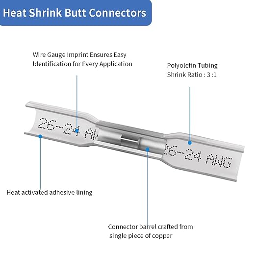 Heat Shrink Butt Connectors, 200 Pcs Clear 26-24 AWG Insulated Waterproof Electrical Heat Shrink Wire Connectors Automotive Marine Wire Crimp Terminals Butt Splices for Boat, Car