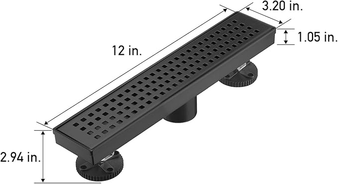 Linear Shower Floor Drain, Matte Black 12 Inch 304 Stainless Steel Bathroom Drains Kit, Long Rectangular Shower Trench Drain with Square Pattern Drain Cover & Hair Catcher