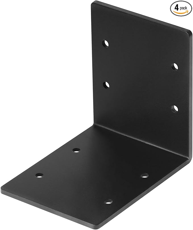 4 PCS Black 6" x 6" x 5" Heavy Duty Steel L Right Angle Bracket, Corner Brace for Timber Connector Shelves Wood Support, Thickness 1/8", Max Load 150 lb