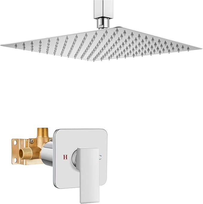 Heyalan Shower Faucet Set Square Stainless Steel Bathroom Rainfall Shower System One Handle Single Function Shower Trim Kit with Rough-in Valve Male Thread,Ceiling Mount,12 Inch,Polish Chrome
