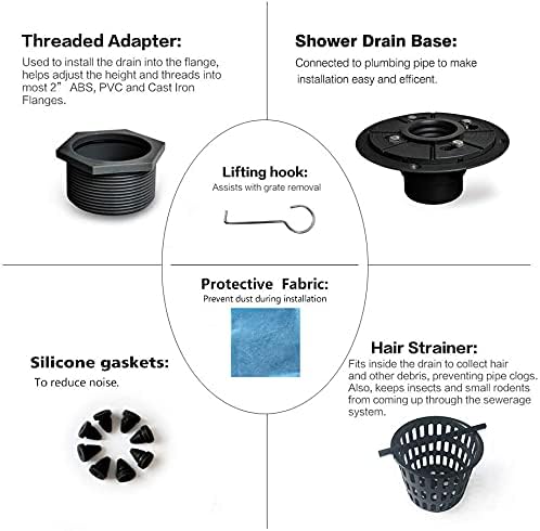 Neodrain 4-Inch Square Shower Drain with Removable Quadrato Pattern Grate, 304 Stainless Steel, Includes PVC Shower Drain Base&Hair Strainer, Shiny Black