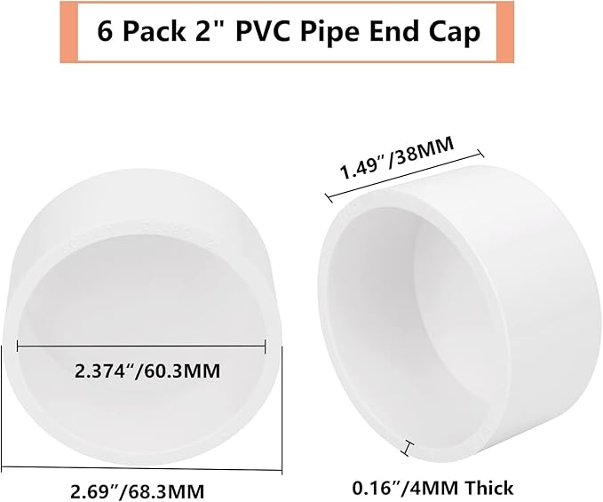 6 Pack 2" PVC Pipe End Cap Fitting, Schedule 40 Furniture Grade PVC Pipe End Cap Plug Adapter, White 2" PVC Pipe Plug Socket Fittings for Build PVC Furniture DIY Garden Shelf