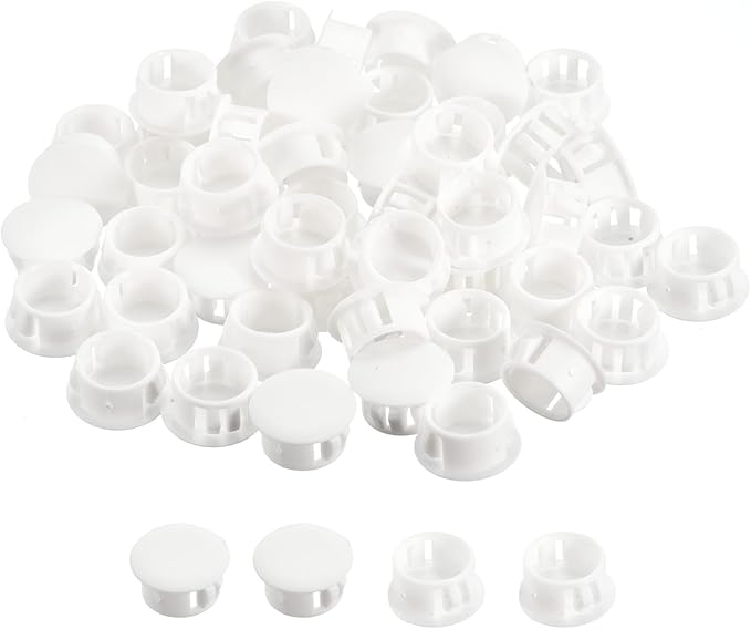 uxcell 5/8" Plastic Hole Plugs, 110Pcs Flush Type Panel Round Snap in Fastener Knockout Locking Plugs for Furniture Insert End Caps Panels, White