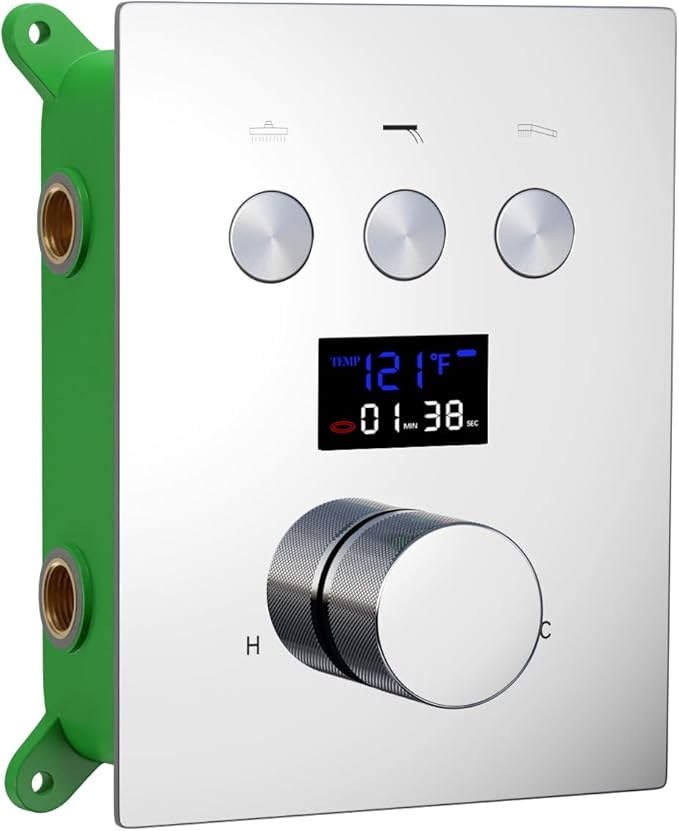 AYIVG 3 Way Shower Diverter Thermostatic Valve LED Digital Display Shower Valves Concealed Shower Control Valve Kit 3 Functions Shower Faucet Valve in Chrome Can Use All Options At a Time