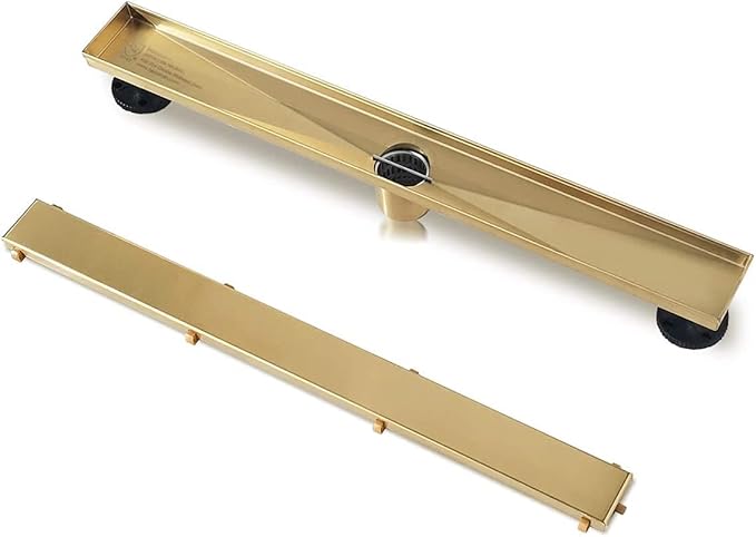 Neodrain 40-Inch Gold Linear Shower Drain, 2-in-1 Flat & Tile Insert Cover, Stainless Steel Linear Drain, Brushed Brass Rectangle Shower Floor Drain with Hair Strainer, Watermark&CUPC Certified