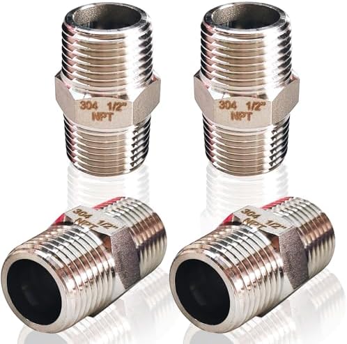 4PCS Hex Stainless Steel Nipple 1/2"NPT Male X 1/2" NPT Male Pipe Fitting 1/2 inch Stainless Steel Pipe Nipples Male Pipe Adapter Fittings Heavy Equal Nipples Connectors