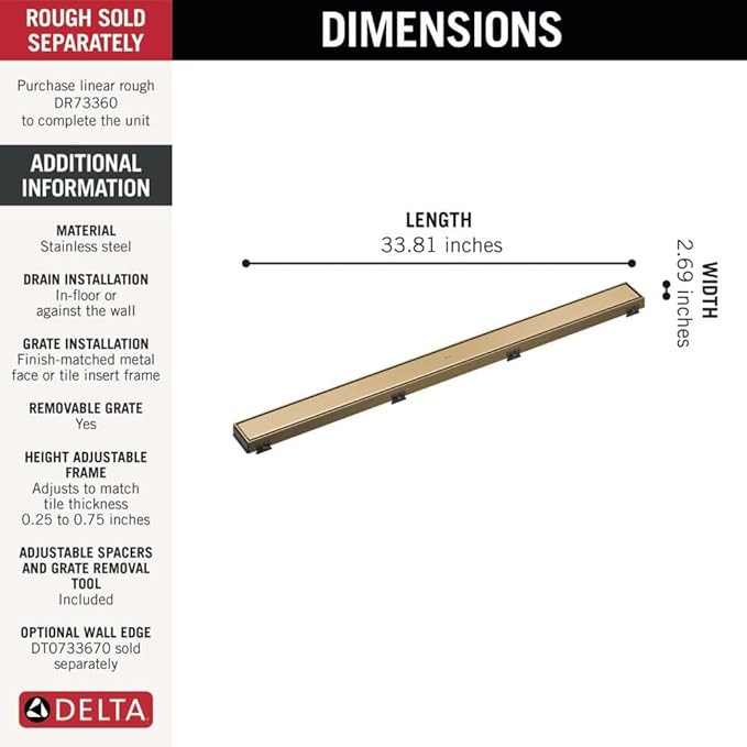 Delta Faucet 36-Inch Reversible Linear Shower Drain Trim in Champagne Bronze