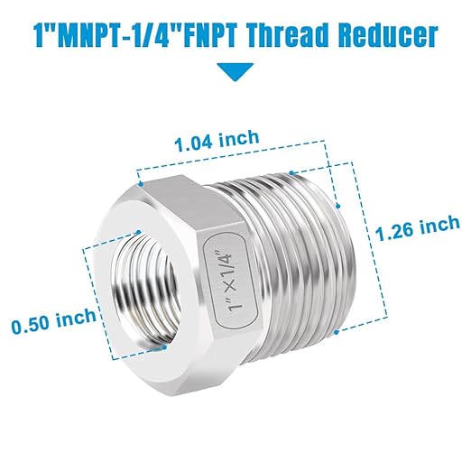 Quickun Stainless Steel Reducing Hex Bushing, 1" Male NPT to 1/4" Female NPT, Reducer Bushing Pipe Hose Fitting(Pack of 1)