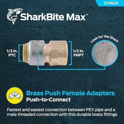 SharkBite Max Female Adapter, 1/2 in Push-to-Connect x 1/2 in FNPT, Pack of 12, Brass Plumbing Fitting, UR072