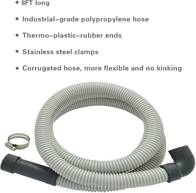 Dishwasher Drain Hose with ID 0.94 inch Elbow, 8 FT Flexible Dishwasher Discharge Hose with Clamps, Trim to Fit 5/8 Inch, 7/8 Inch, or 1 Inch OD Outlets