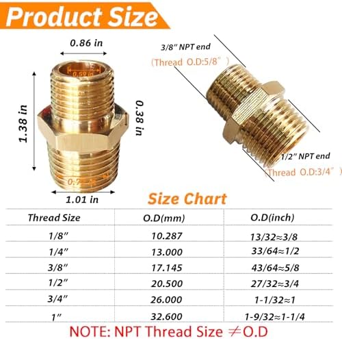 2pcs 1/2" NPT x 3/8" NPT Brass Nipple, 1/2 to 3/8 Adapter Fitting Reducing Solid Hex Nipple, Brass 1/2 Male to 3/8 Male Reducer Pipe Fittings for Extending and Connecting Pipes
