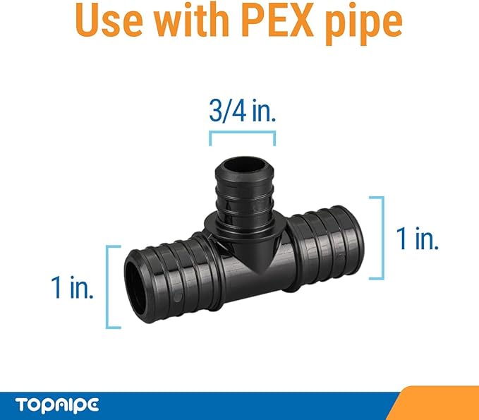 (Pack of 5) Topaipe 1 x 1 x 3/4 Inch PEX Poly Crimp Reducing Tee, PPSU Fitting for PEX Tubing, PERT, ASTM F2159