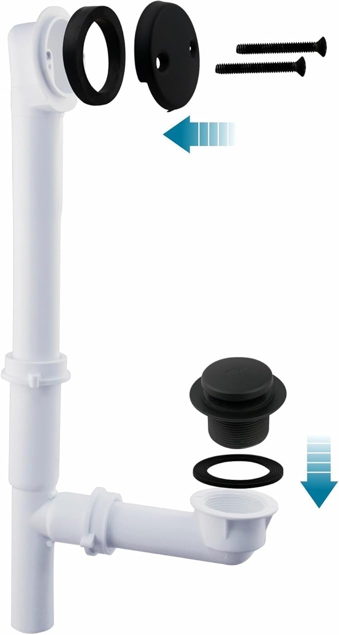 Black Tubular Tub Drain Kit with Welsan Tip-Toe Bathtub Drain Stopper, Touch-Toe Bath Plug Waste and Overflow Face Plate, 1-1/2" PVC Plastic Pipe (Matte Black)