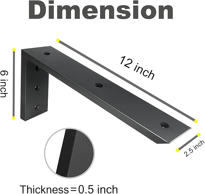 WINKER Countertop Support Bracket 3 Pack Heavy Duty 1/2" Thick Hidden L Shelf Bracket 12" x 6" x 2.5" Metal Corbels for Quartz/Granite/Wood/Concrete/Laminate Countertops, Black