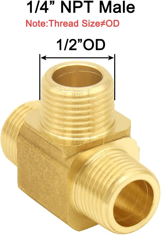 Joywayus Brass Pipe Fitting Barstock Tee 3 Way NPT 1/4" Male x 1/4" Male x 1/4" Male Hose Fitting (Pack of 2)
