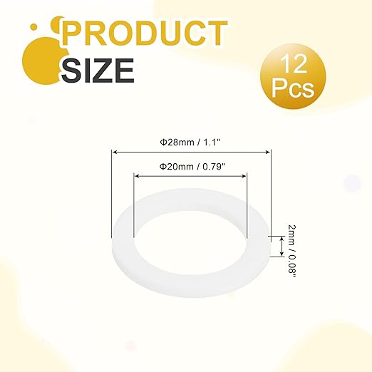MECCANIXITY PTFE Flat Washers, 12Pack 28mm OD 20mm ID 2mm Thick Sealing Spacer Gasket Ring for Faucet Pipe Hose Bolt Machinery, White